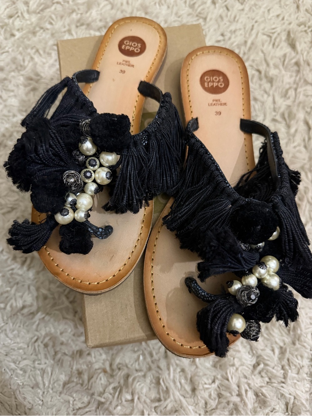 Women's Black Embellished Fringe Slide Sandals